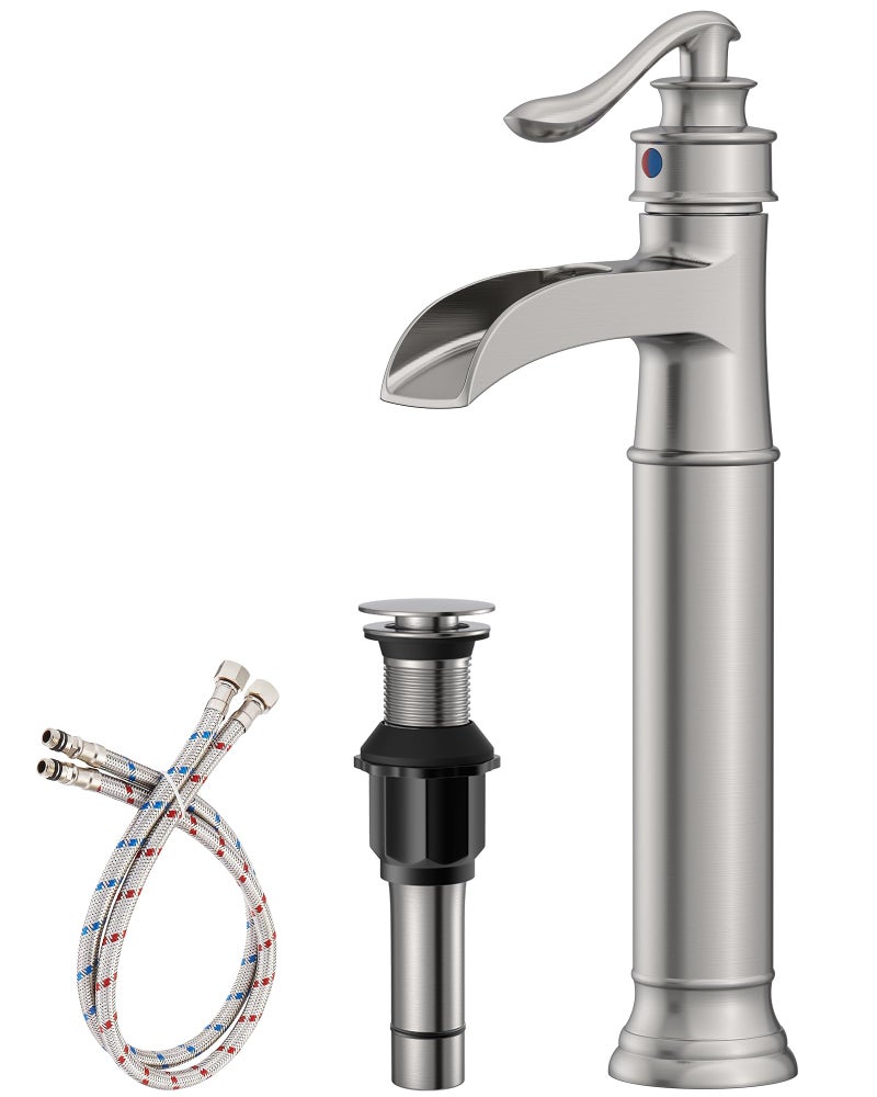 Homevacious Vessel Sink Faucet Tall Bathroom Faucets Waterfall Brushed Nickel Brass Single Handle 1 Hole with Pop Up Drain and Supply Line Farmhouse Lavatory Vanity - Image 1
